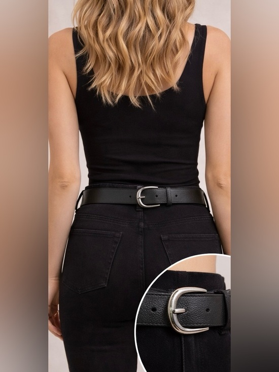 Aldo Accessories - Aldo Black Leather Belt with Silver Rounded Buckle
